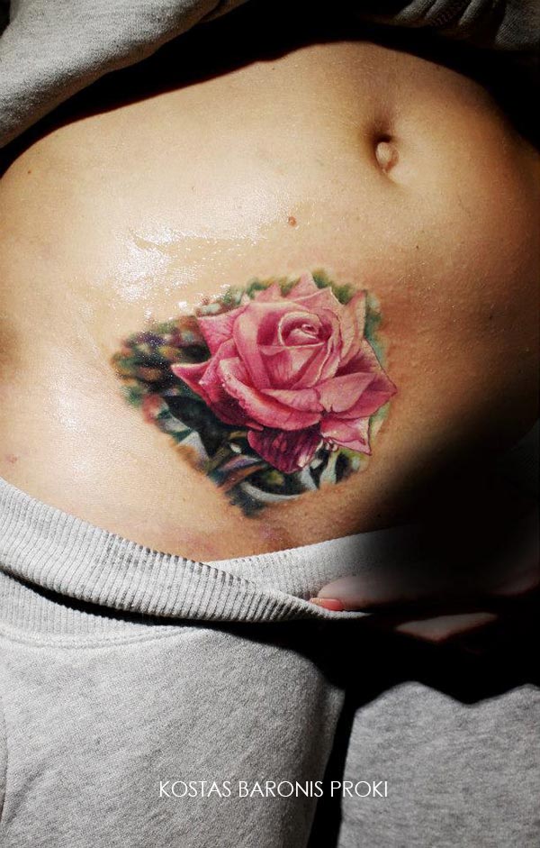 Tatouage Fleur Rose Sur Le Bas Ventre Inkage